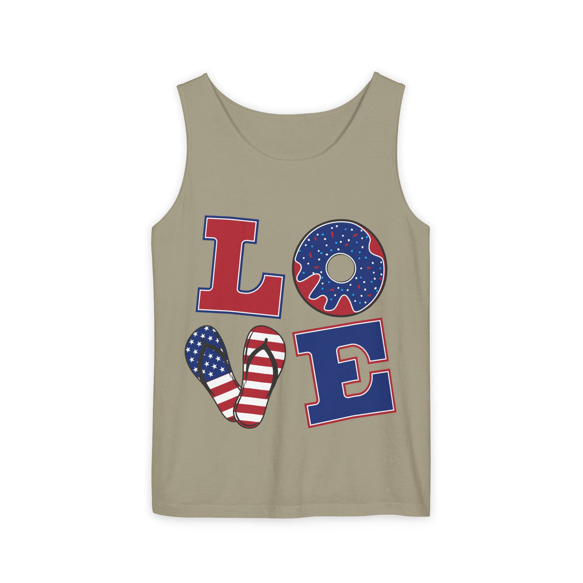 Patriotic LOVE Tank Top — American Flag Donut & Flip-Flop Summer Tee