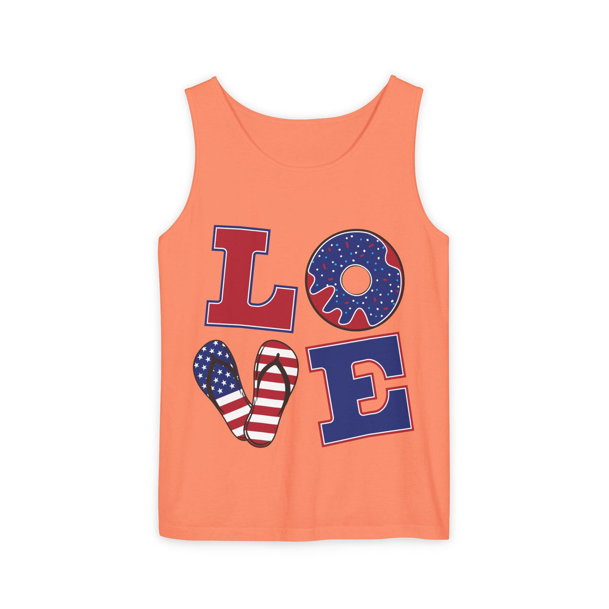 Patriotic LOVE Tank Top — American Flag Donut & Flip-Flop Summer Tee