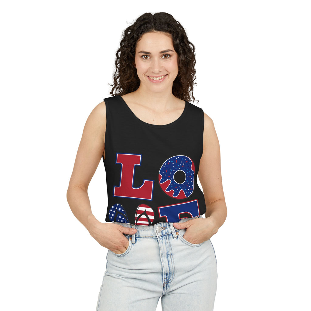 Patriotic LOVE Tank Top — American Flag Donut & Flip-Flop Summer Tee