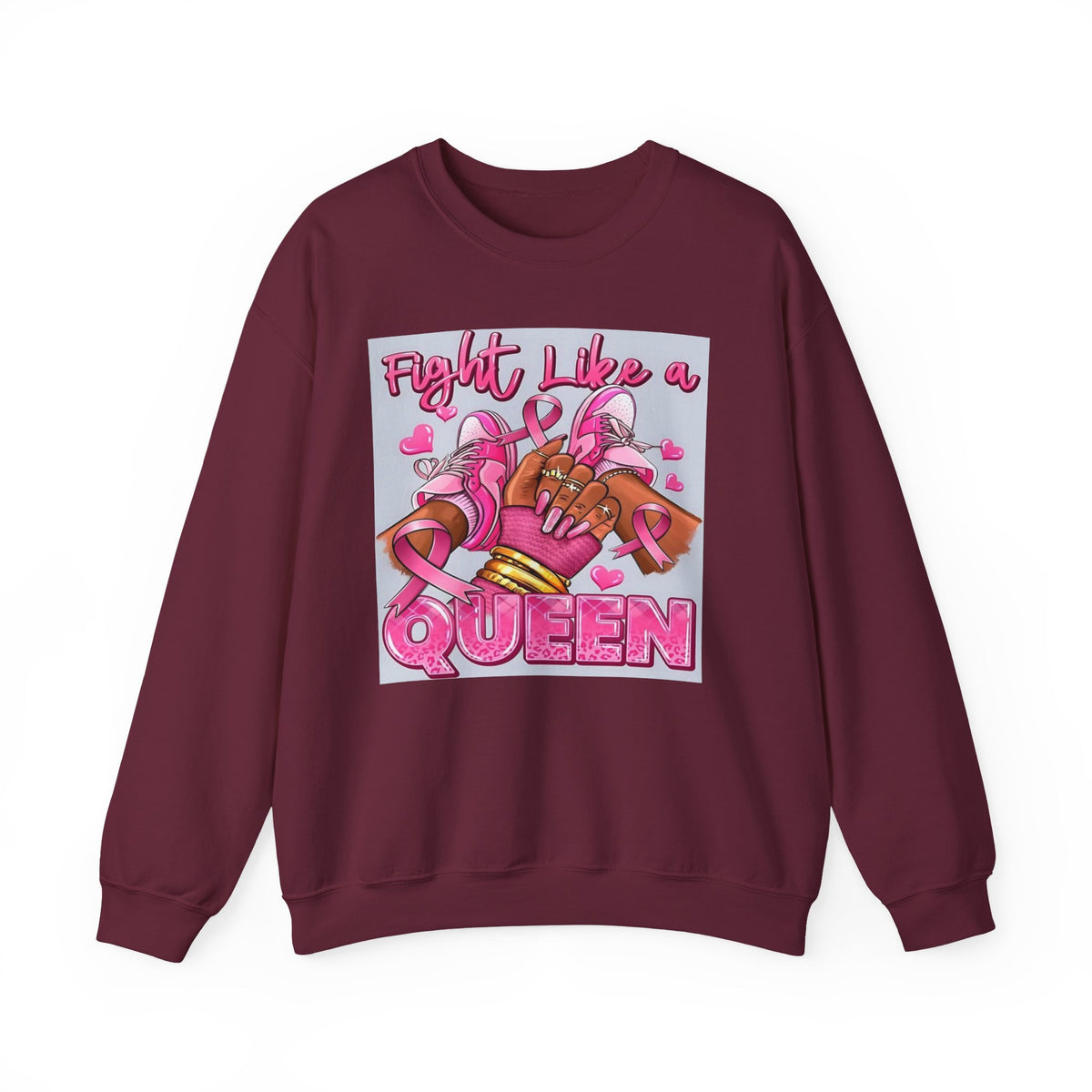 Fight Like a Queen Sweatshirt — Breast Cancer Awareness Pink Ribbon Crewneck
