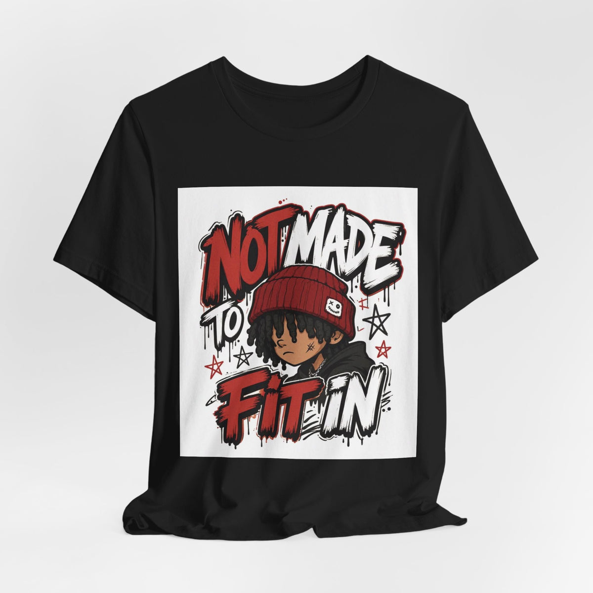Not Made to Fit In Graphic Tee — Edgy Streetwear Shirt with Red Beanie Character