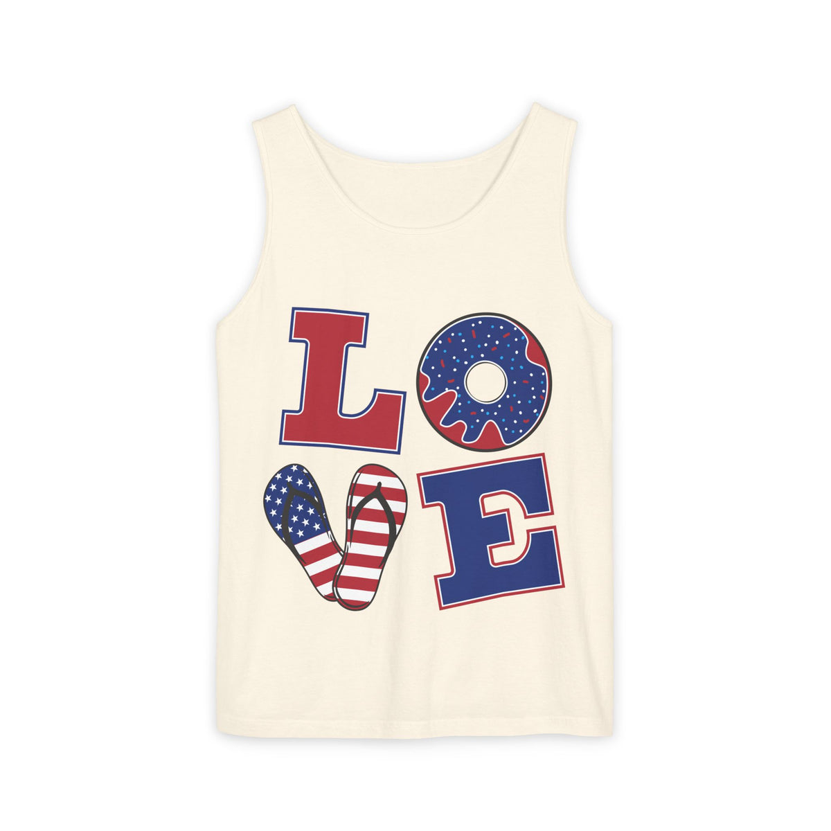 Patriotic LOVE Tank Top — American Flag Donut & Flip-Flop Summer Tee