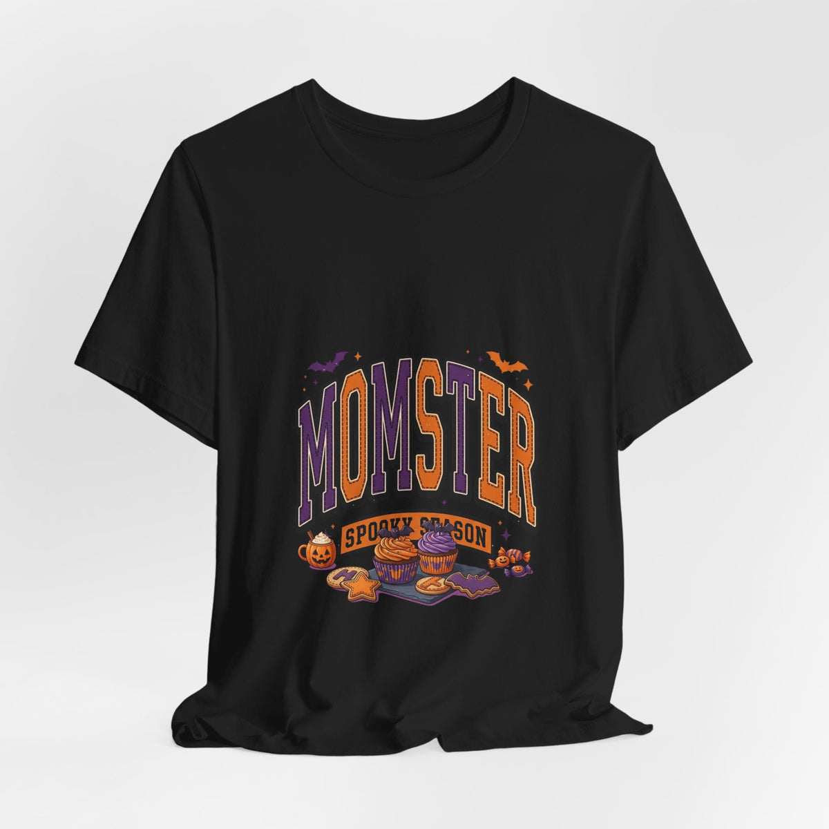 Momster Halloween Tee | purple orange spooky lettering, bats & pumpkins