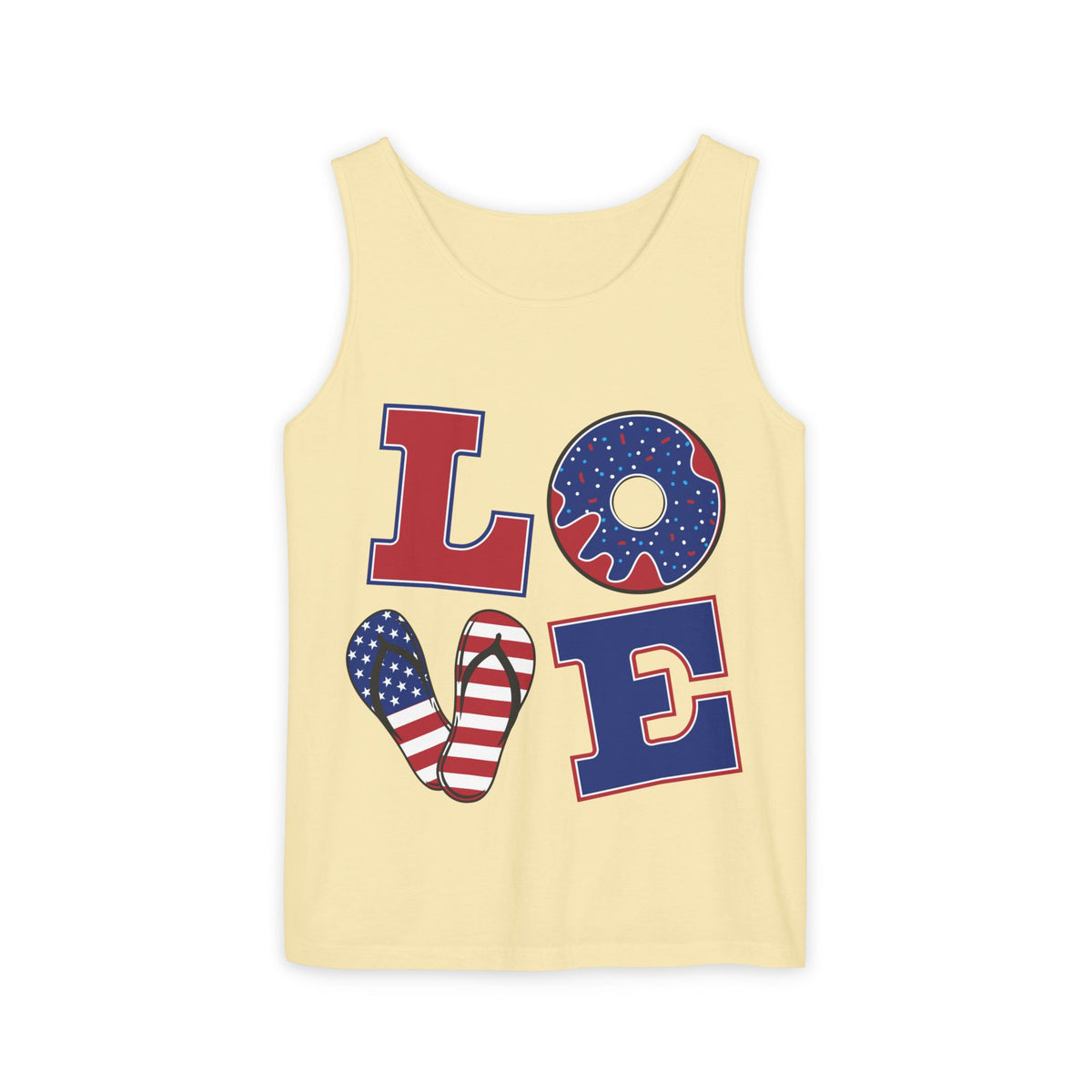 Patriotic LOVE Tank Top — American Flag Donut & Flip-Flop Summer Tee