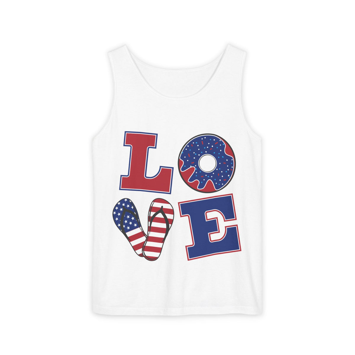 Patriotic LOVE Tank Top — American Flag Donut & Flip-Flop Summer Tee