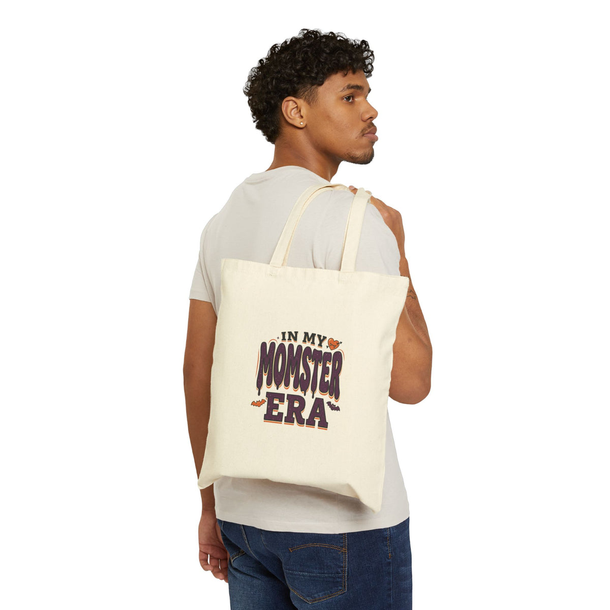 Momster Era Tote, Halloween Momster Graphic, Purple Orange Spooky Canvas Tote