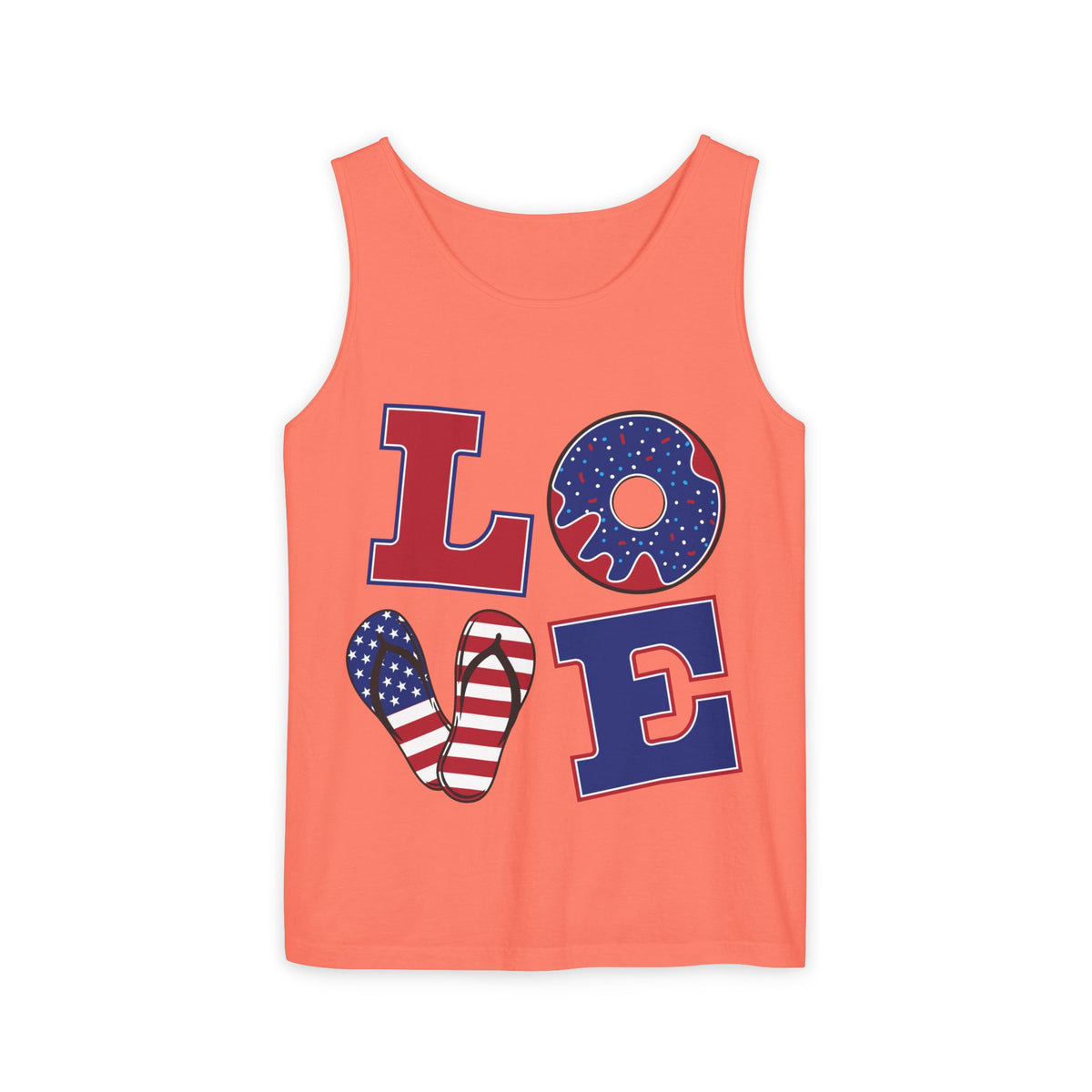 Patriotic LOVE Tank Top — American Flag Donut & Flip-Flop Summer Tee