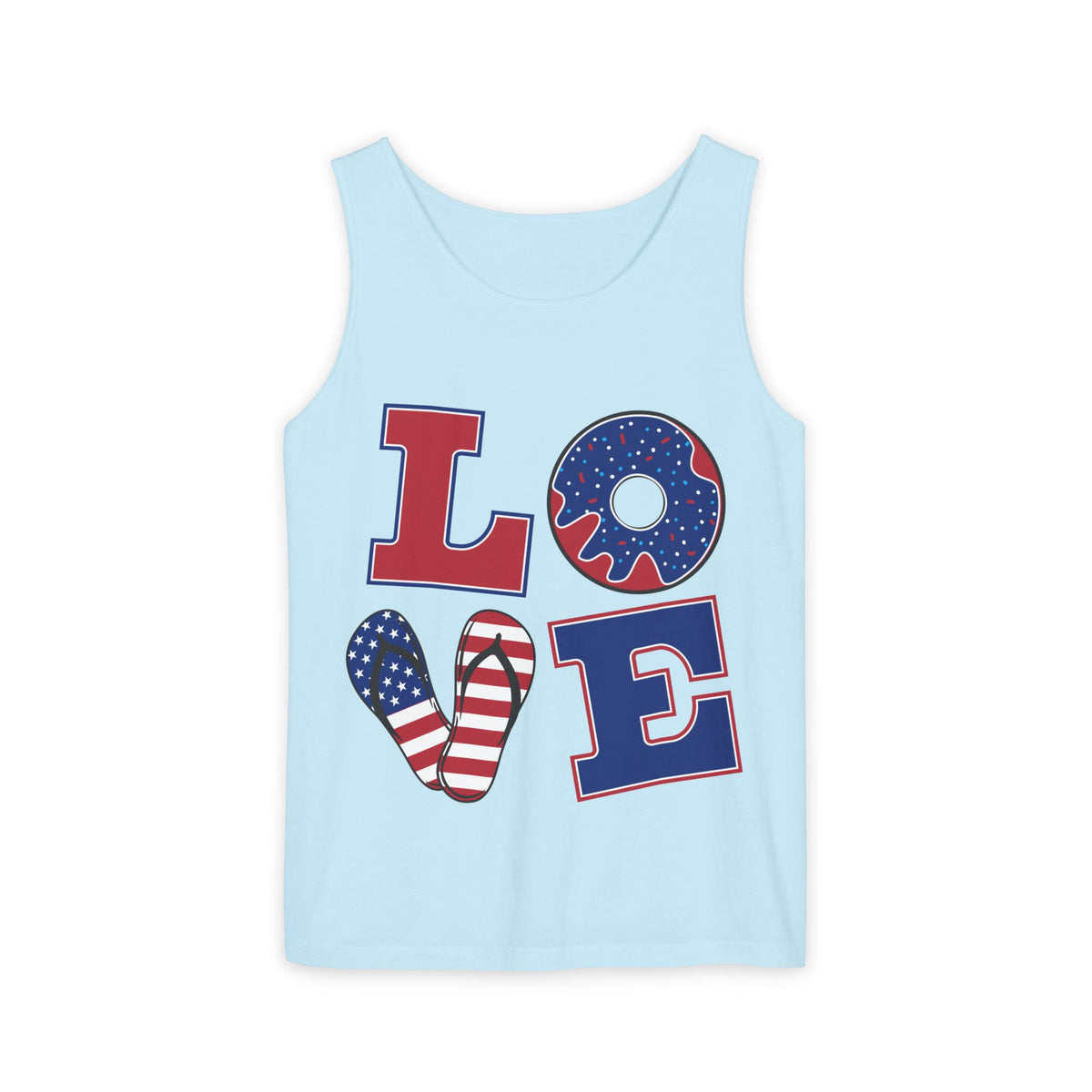 Patriotic LOVE Tank Top — American Flag Donut & Flip-Flop Summer Tee