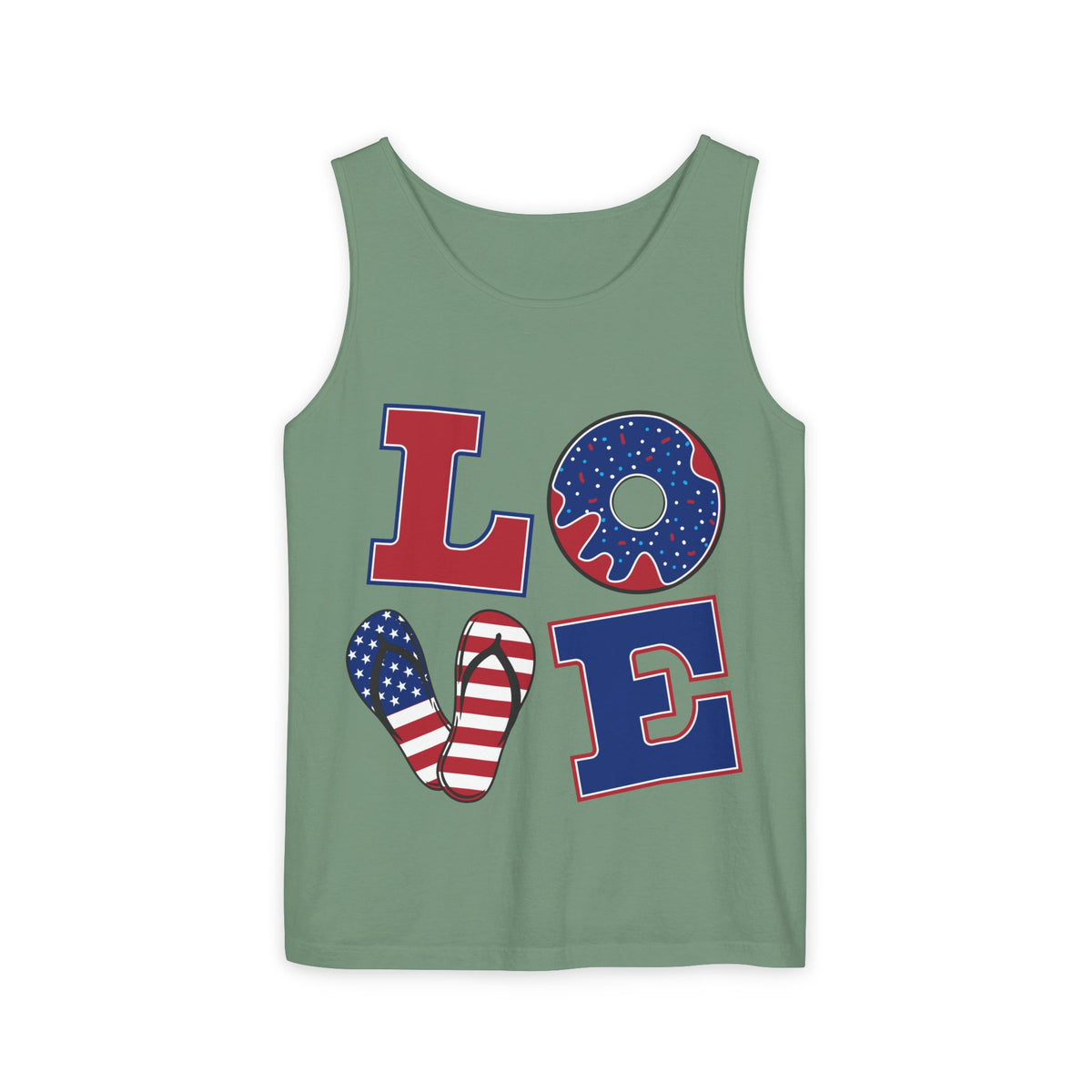 Patriotic LOVE Tank Top — American Flag Donut & Flip-Flop Summer Tee