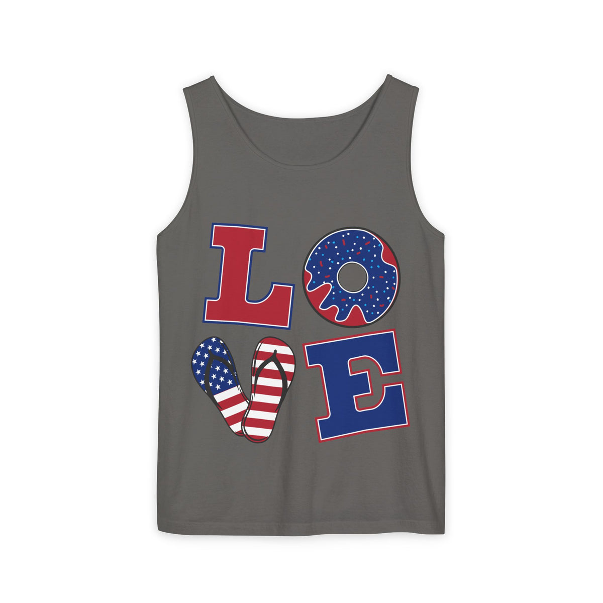 Patriotic LOVE Tank Top — American Flag Donut & Flip-Flop Summer Tee