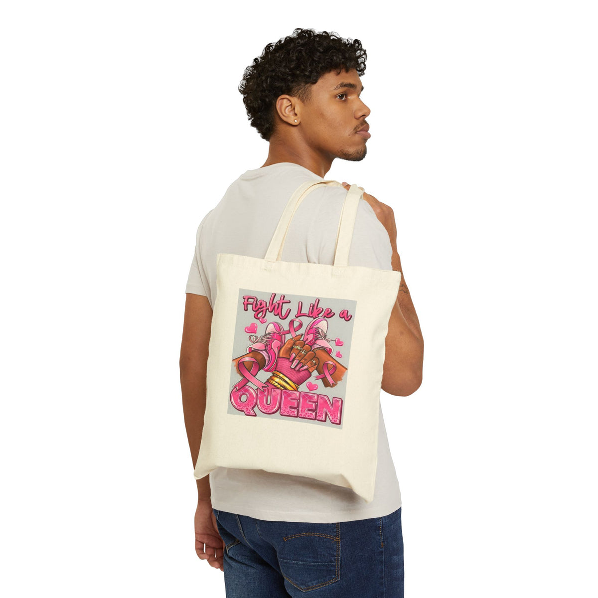 Fight Like a Queen Canvas Tote — Breast Cancer Awareness Pink Ribbon Bag
