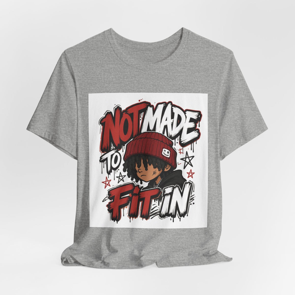 Not Made to Fit In Graphic Tee — Edgy Streetwear Shirt with Red Beanie Character