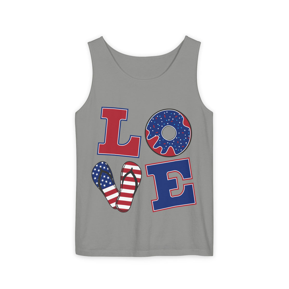 Patriotic LOVE Tank Top — American Flag Donut & Flip-Flop Summer Tee