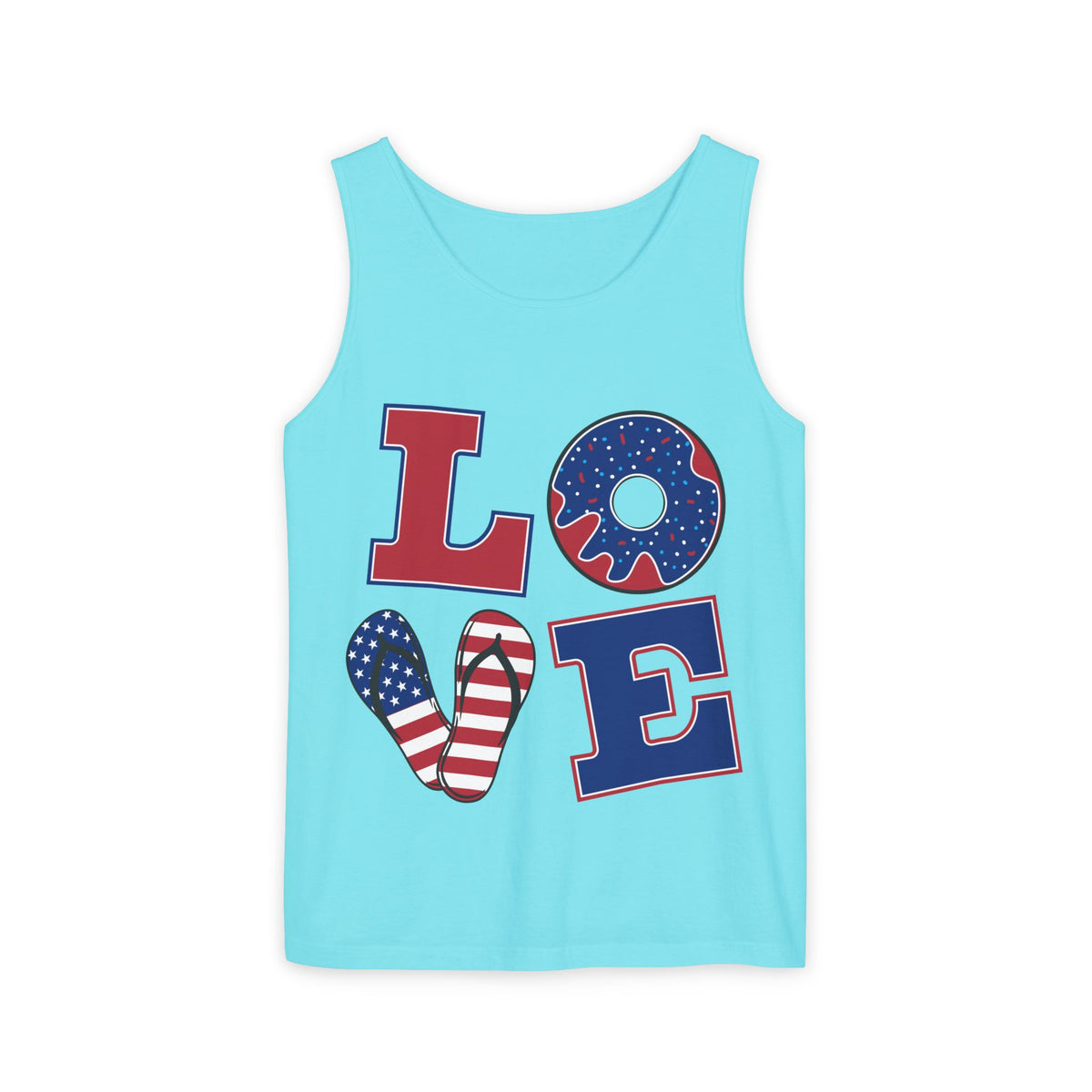 Patriotic LOVE Tank Top — American Flag Donut & Flip-Flop Summer Tee
