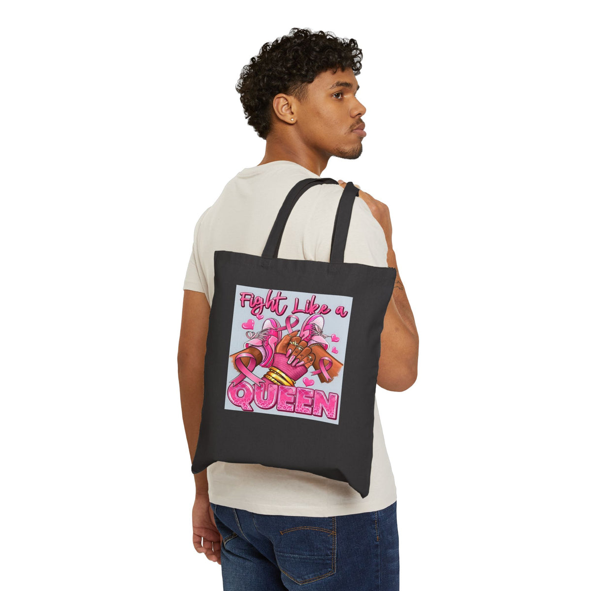 Fight Like a Queen Canvas Tote — Breast Cancer Awareness Pink Ribbon Bag