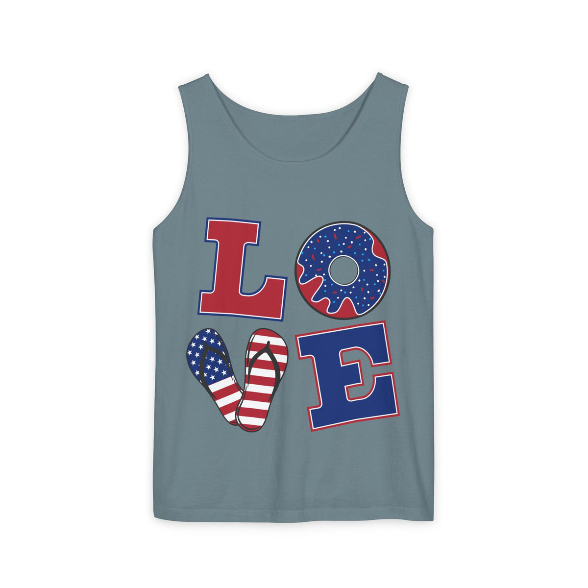 Patriotic LOVE Tank Top — American Flag Donut & Flip-Flop Summer Tee